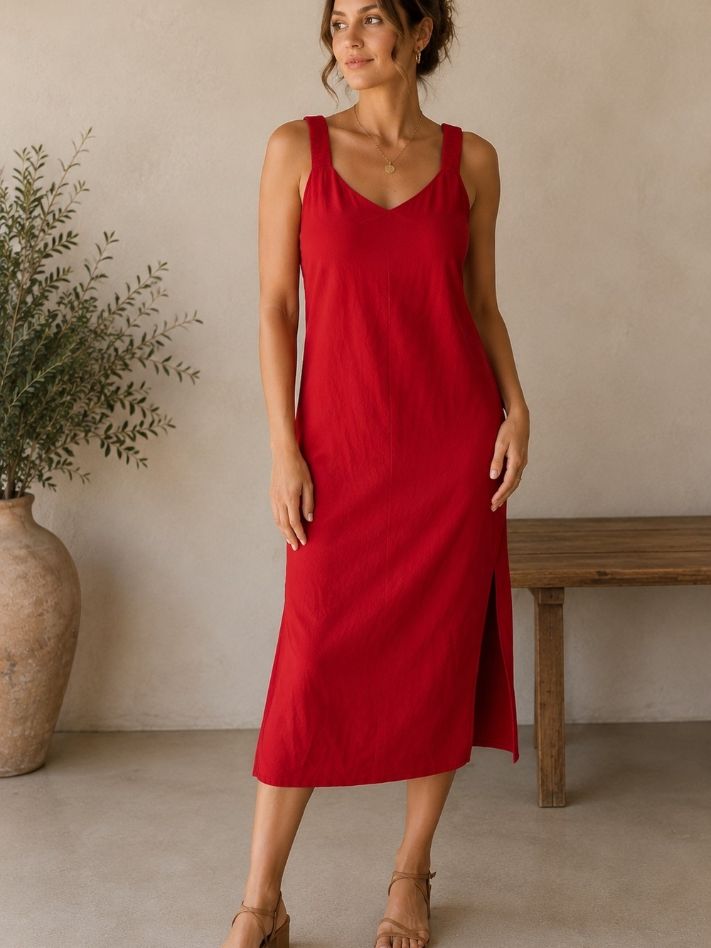 Ivy Street Red/Orange Rayon Midi Dress | Side Slit Tank Dress